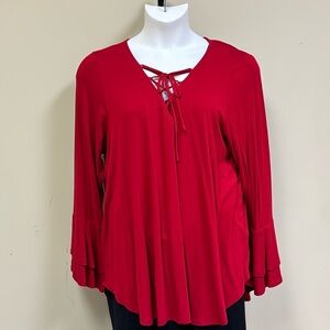Karen Kane plus size red blouse with tie front.